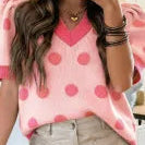 Rose Red Polka Dot Puff Short Sleeve Sweater