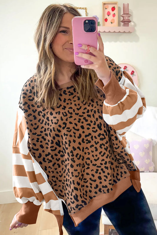 Khaki Striped Leopard Color block Side Slits Sweatshirt