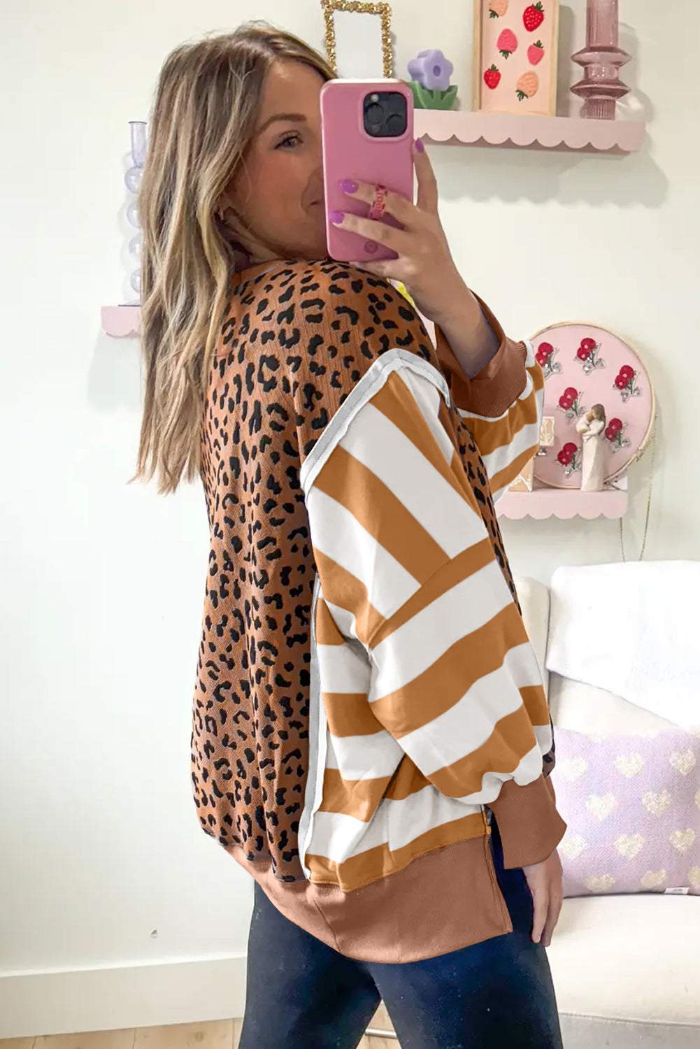 Khaki Striped Leopard Color block Side Slits Sweatshirt