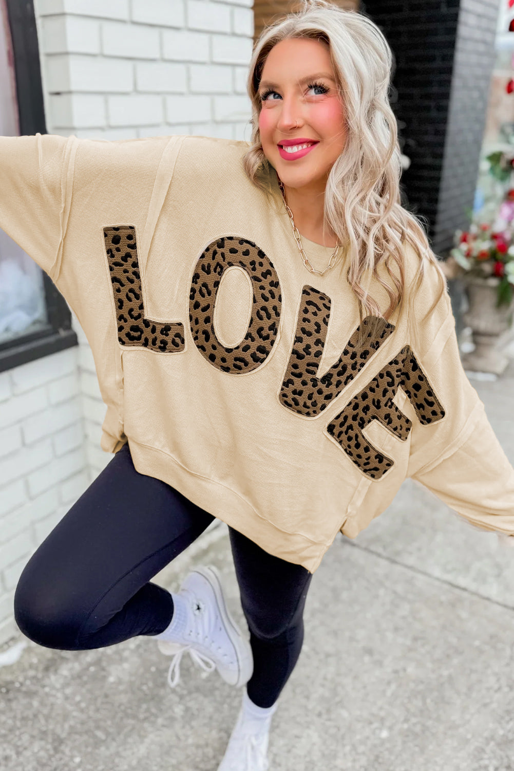 Parchment Oversized Leopard LOVE Letter Graphic Round Neck Sweatshirt