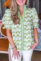 Green Floral Clouds Ruffled Short Sleeve Summer Blouse
