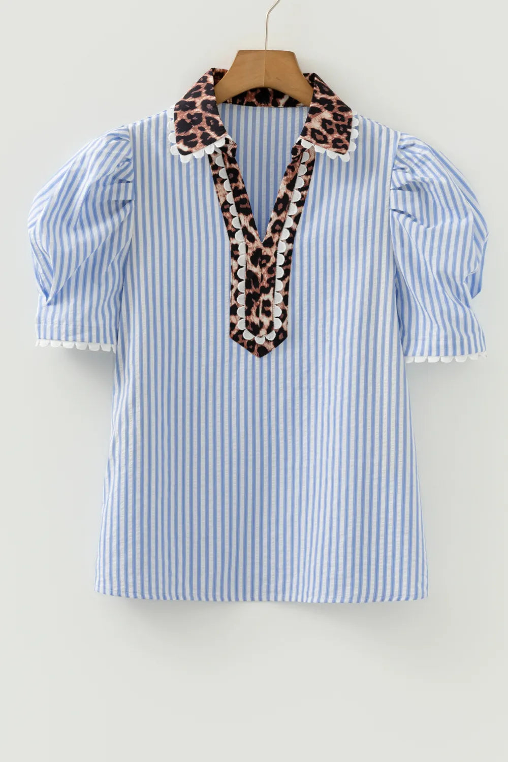 Sky Blue Leopard Scallop Stripe Top