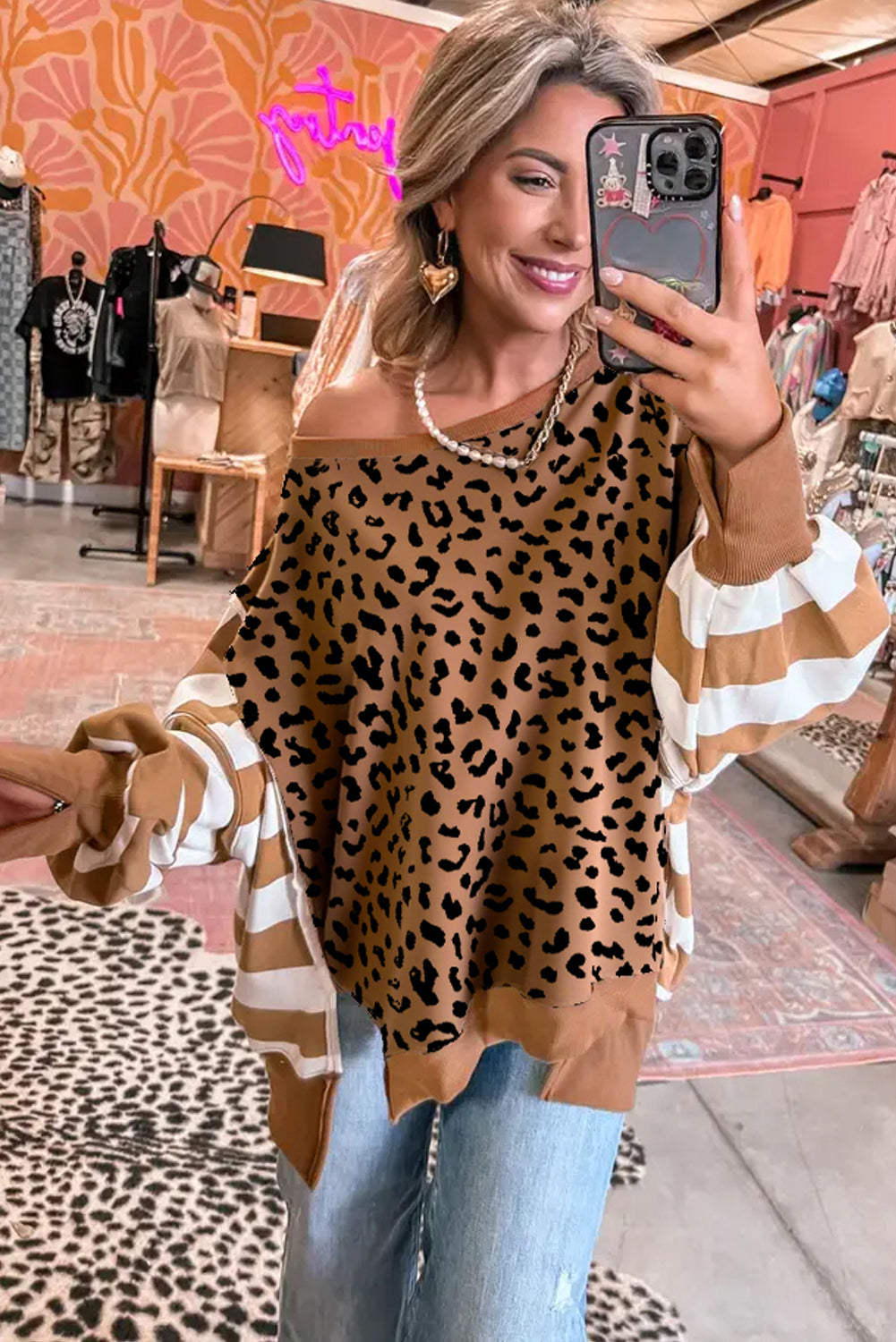 Khaki Striped Leopard Color block Side Slits Sweatshirt