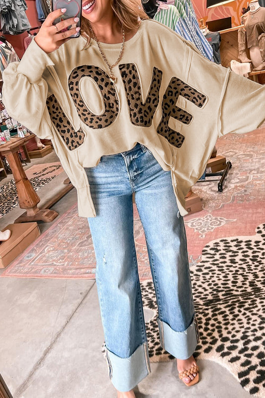 Parchment Oversized Leopard LOVE Letter Graphic Round Neck Sweatshirt